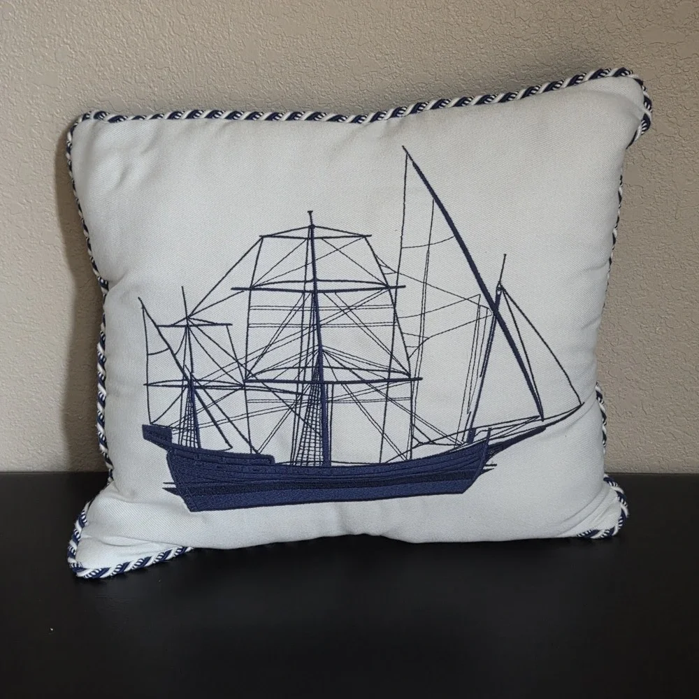 Pier 1 Nautical Embroidered Sea Boat Ship Throw Pillow 18‎ X 16
